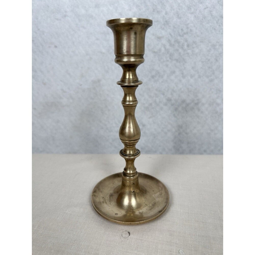 Vtg Solid Brass Candlestick Holder Baluster Stem Colonial Taper 7” Heavy 14.oz